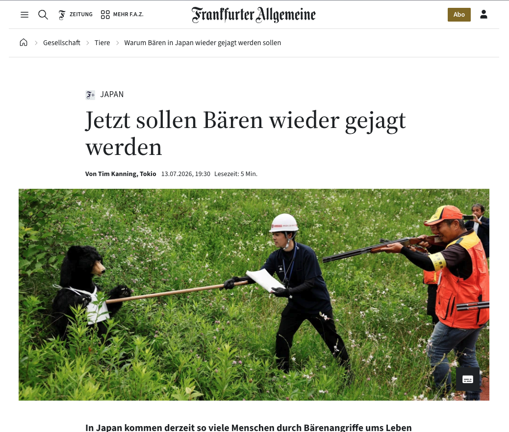 Artikel aus der FAZ: "Jetzt sollen Bären wieder gejagt werden", Screenshot. Abruf: Juli 2026