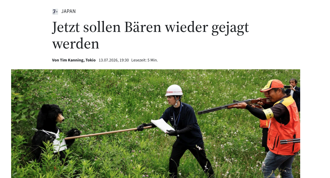 FAZ-Artikel: "Jetzt sollen Bären wieder gejagt werden", Autor: Tim Kanning, 2026, Screenshot.